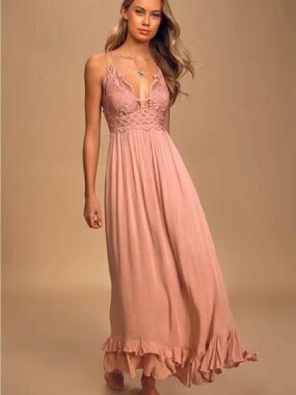 Free People One Blush Pink Lace-Trim Maxi Dress